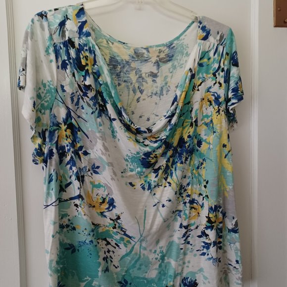 2X White, Yellow, Black, and Blue Top with a cowl type neck line - Picture 1 of 4